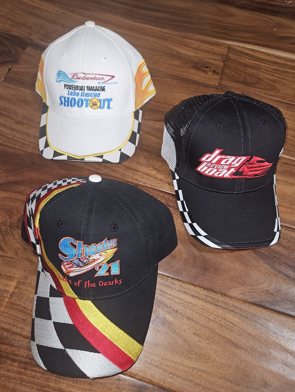 Set of 3 Baseball Caps Checker Flag Flames Drag Boat Powerboat One Size